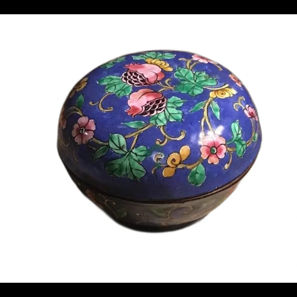 VTG Chinese Cloisonné Blue Floral Trinket Box Enamel Round Lidded Jewelry Jar